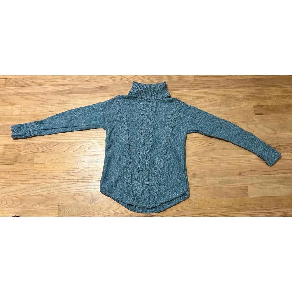 LL Bean Womens Teal Blue Marl Cable Knit 100% Cotton Turtleneck Sweater Medium